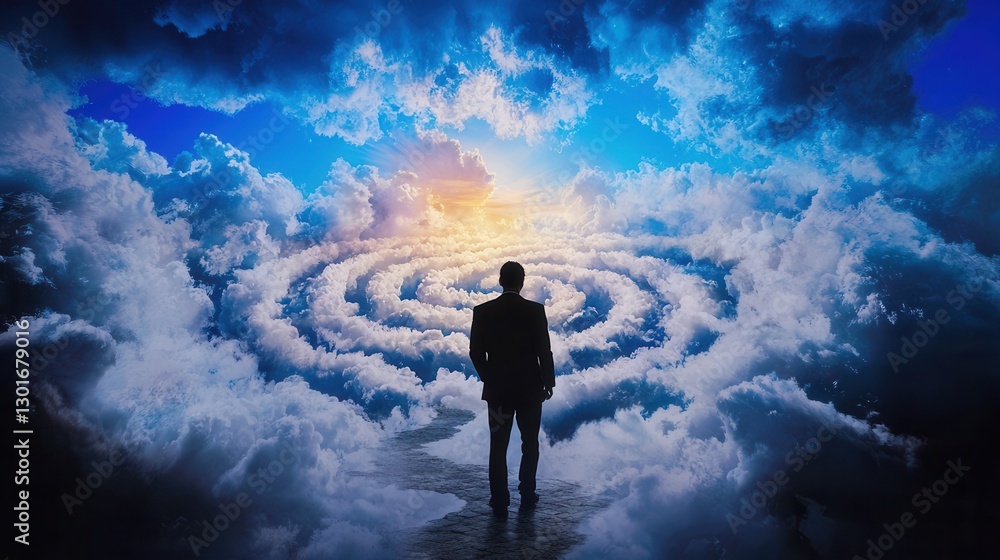 A lone silhouetted figure of a businessman or professional stands facing a dramatic cloudy sky at sunset or sunrise symbolizing contemplation introspection A lone silhouetted figure of a businessman or professional stands facing a dramatic cloudy sky at sunset or sunrise symbolizing contemplation introspection