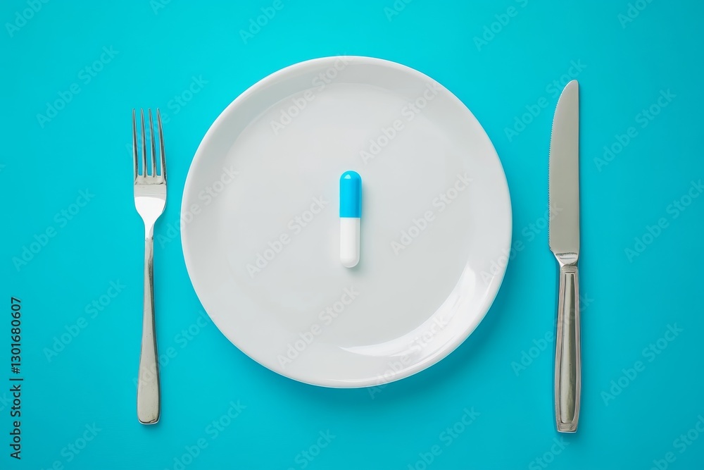 Minimalist White Plate with Blue and White Capsule Pill Minimalist White Plate with Blue and White Capsule Pill