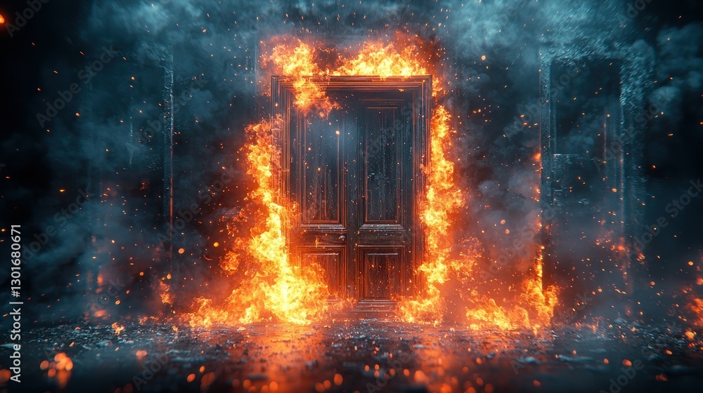 Fototapeta premium Burning Doorway in Smoky, Darkened Room