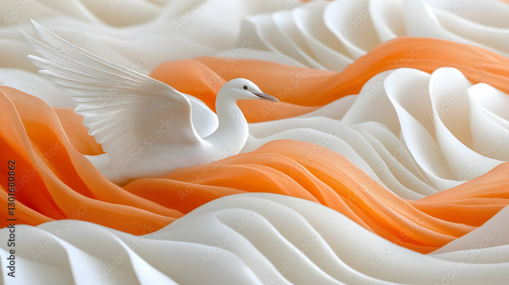 Obraz premium White bird soars through orange and white waves