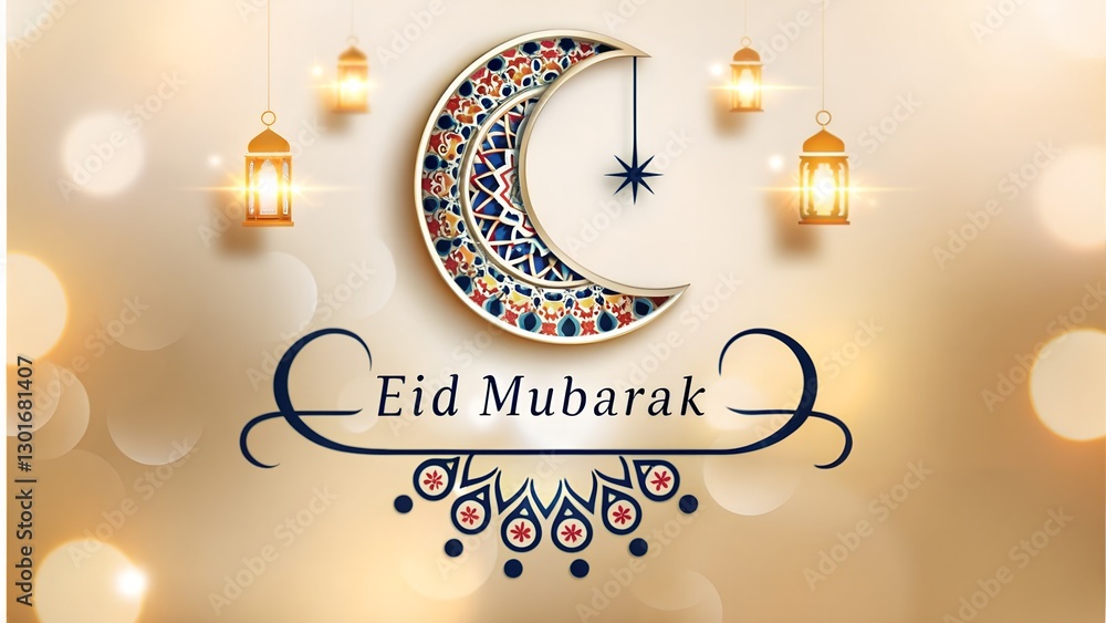 Naklejka premium Decorative Eid moon and writer now 'Eid Mubarak' for holy festival background