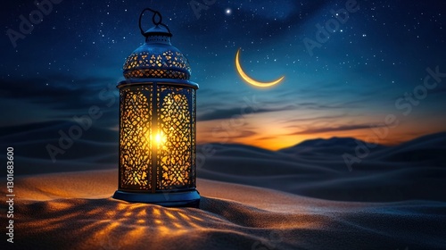 Desert lantern at night, crescent moon, sunrise background