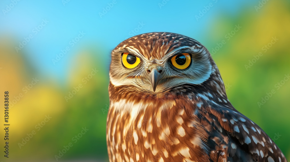 Portrait of a burrowing owl with striking yellow eyes and detailed brown and white feathers against a blurred natural background Portrait of a burrowing owl with striking yellow eyes and detailed brown and white feathers against a blurred natural background