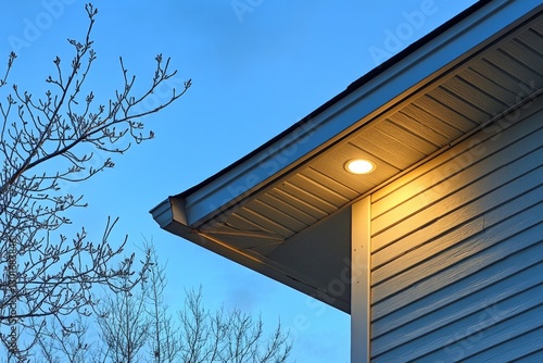 Warm light illuminates house eaves at dusk offering a cozy atmosphere
