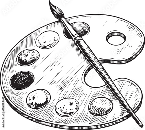 Paint Palette Painting Art Supply Black and White Vector Illustration, Sketch Drawing Line Linear Engraving, Hand-drawn Isolated
