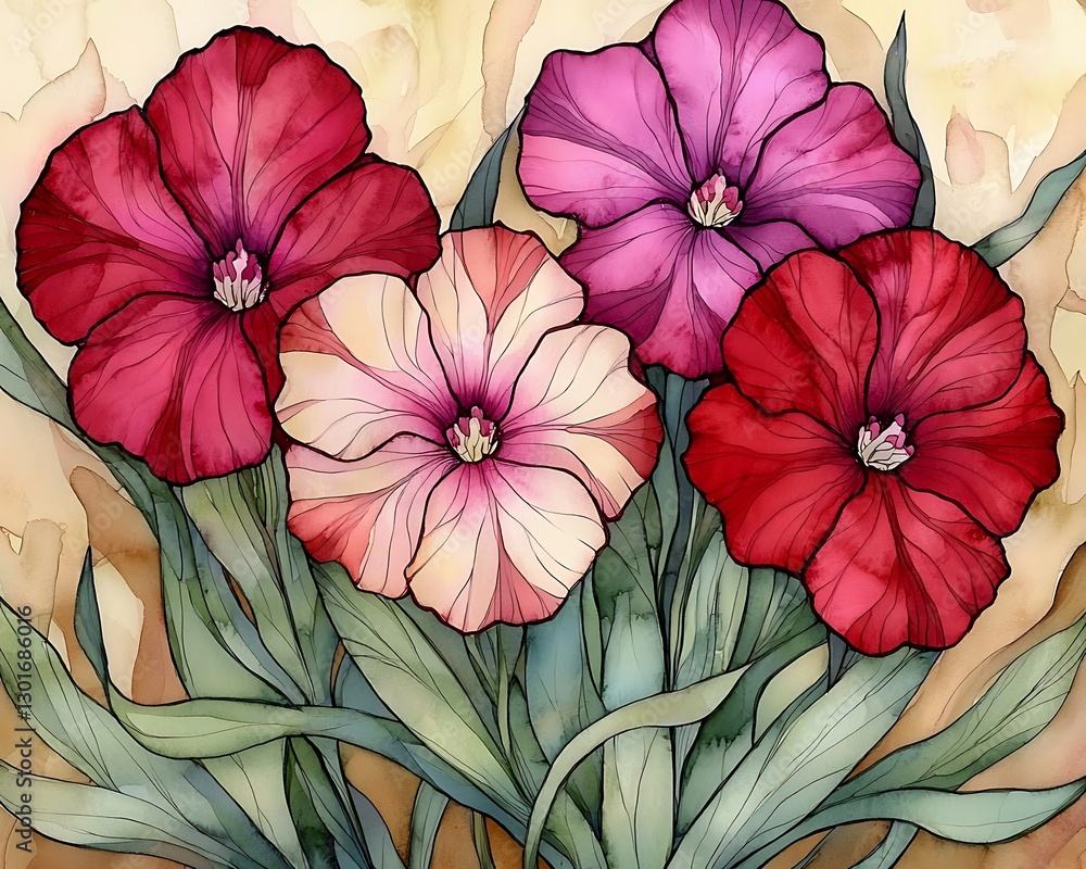 custom made wallpaper toronto digitalWatercolor flowers blooming with leaves, soft blurred yellow background, for decorative design