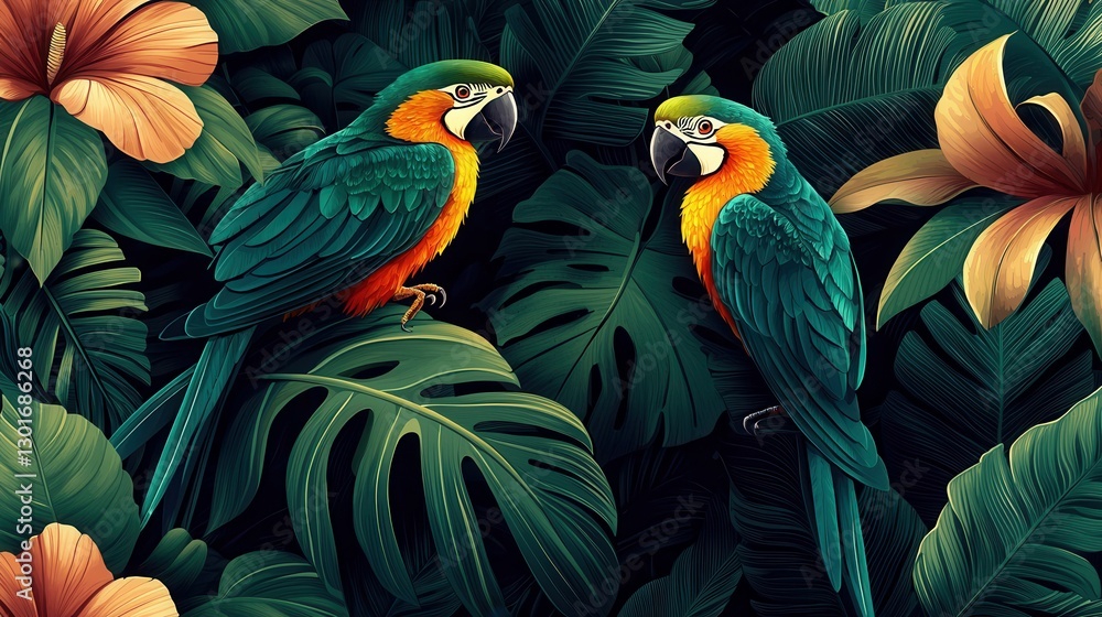 Obraz premium Stunning Tropical Forest Landscape with Vibrant Parrot Birds Perched Amidst Lush Green Foliage and Colorful Flowers