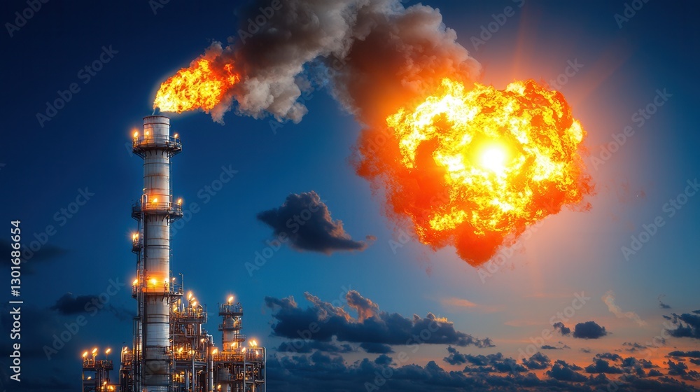 Obraz premium Towering gas flare stack emitting a steady flame against a dark industrialized night skyline with clouds and atmospheric lighting