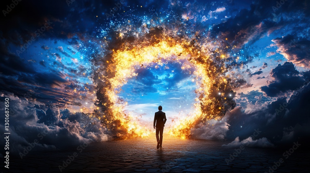 Fototapeta premium A silhouetted figure confidently walking towards a dramatic ethereal portal of light and energy in the stormy starry sky symbolizing the journey of vision discovery and transformational potential