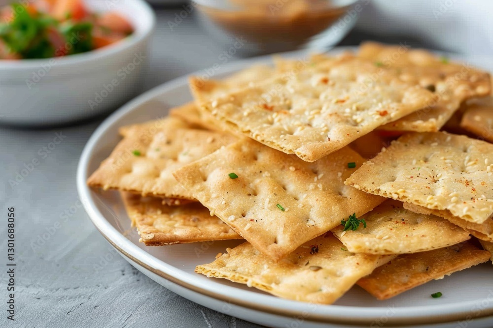 Spicy crackers on plate with salsa and herbs. Artificial intelligence image Spicy crackers on plate with salsa and herbs. Artificial intelligence image