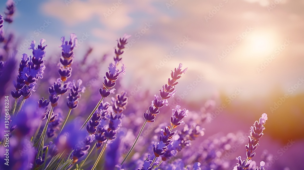 Fototapeta premium Lavender Field at Sunset / 夕暮れ時のラベンダー畑