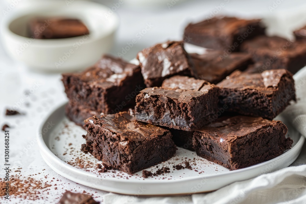 Decadent chocolate brownies on white plate. Artificial intelligence image Decadent chocolate brownies on white plate. Artificial intelligence image