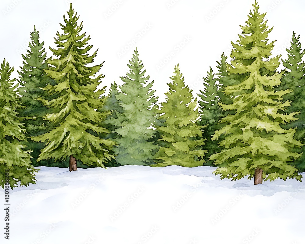 Obraz premium Watercolor pines sit on snow with forest backdrop, suitable for winter holiday greeting