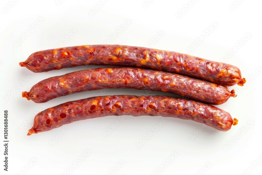 Rustic smoked sausages on white background. Artificial intelligence image Rustic smoked sausages on white background. Artificial intelligence image