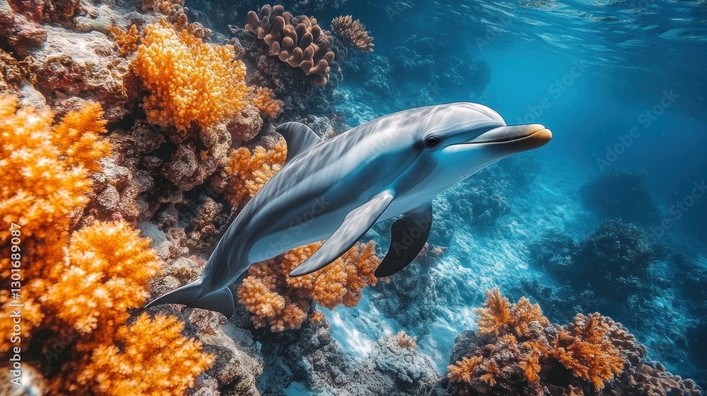 Fototapeta premium Dolphin swims through coral reef, underwater