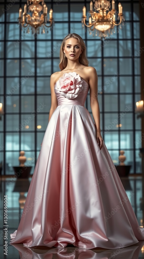 Fototapeta premium A high-fashion cinematic portrait: a stunning blonde woman with delicate features and fair skin, wearing a light-pink satin ball gown With a big beautiful flower on the front of the dress.