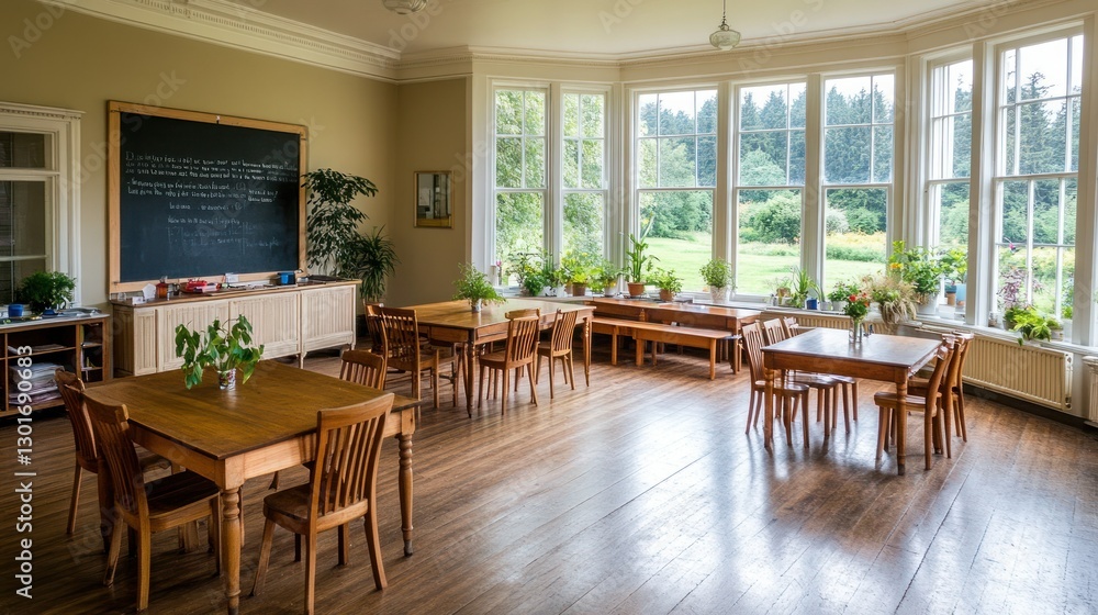 Rustic classroom interior with garden view Rustic classroom interior with garden view