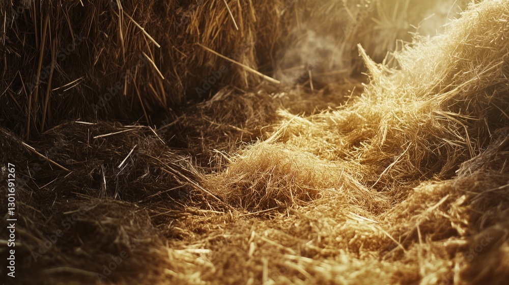 Golden sunlight illuminating dry haystacks in a barn setting Golden sunlight illuminating dry haystacks in a barn setting
