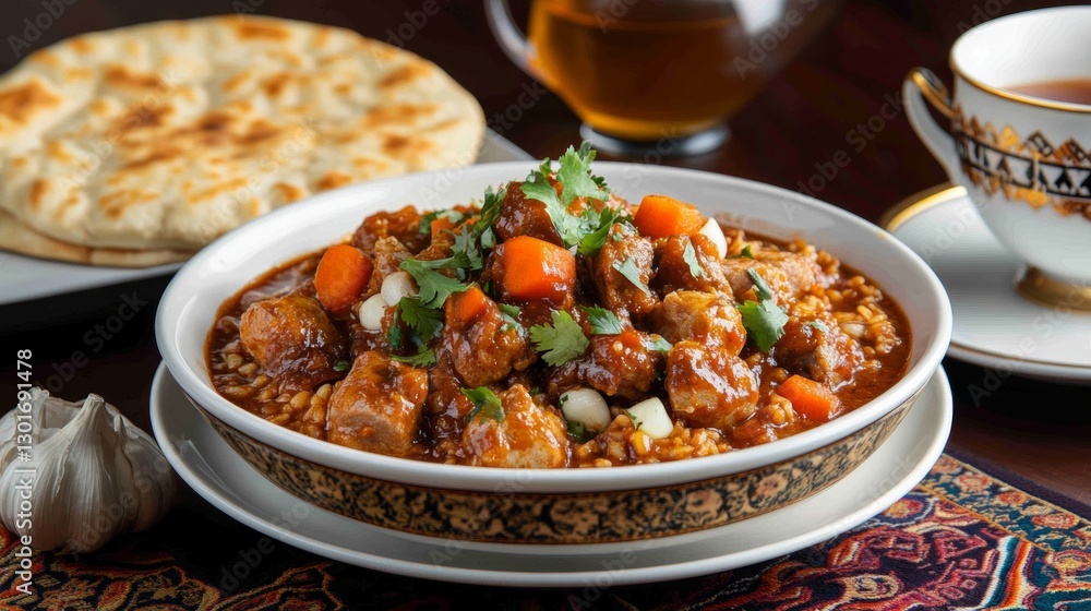 Traditional Uzbek plov served in decorative dish with lamb, garlic, and carrots, alongside tea set, flatbread, and textiles Traditional Uzbek plov served in decorative dish with lamb, garlic, and carrots, alongside tea set, flatbread, and textiles