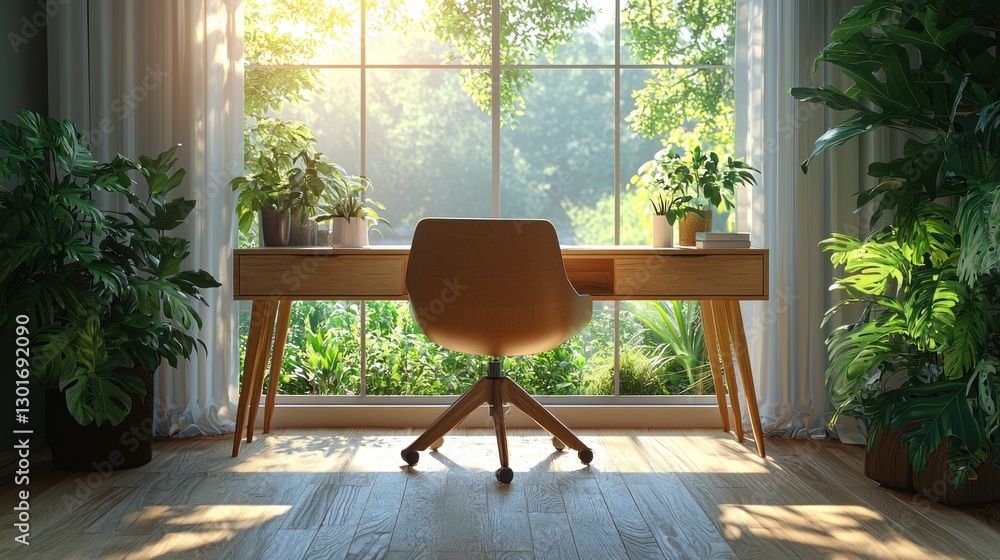 Serene Home Office with Lush Greenery and Sunlight Serene Home Office with Lush Greenery and Sunlight