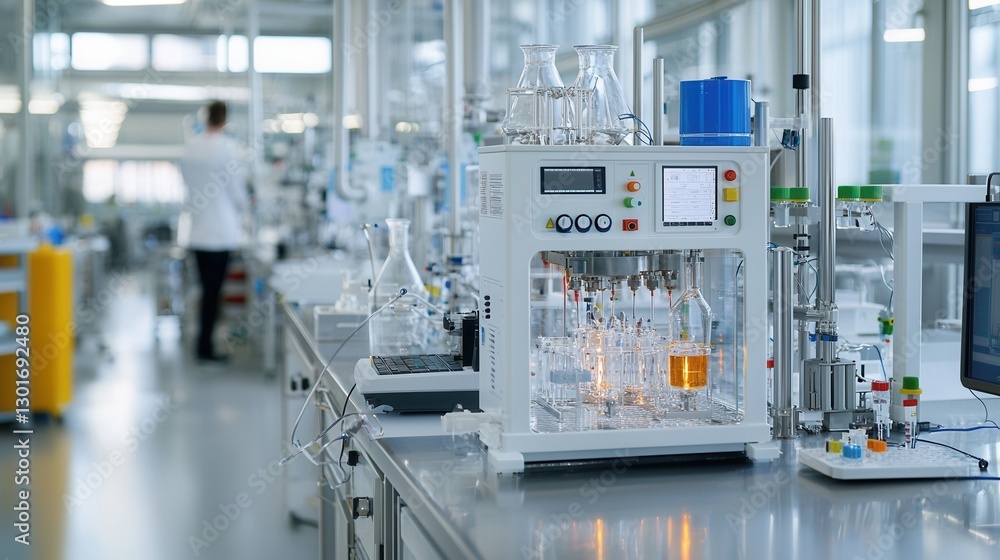 Close up view of a highly advanced chemical engineering laboratory featuring an array of sophisticated control panels scientific equipment and glass apparatus Close up view of a highly advanced chemical engineering laboratory featuring an array of sophisticated control panels scientific equipment and glass apparatus