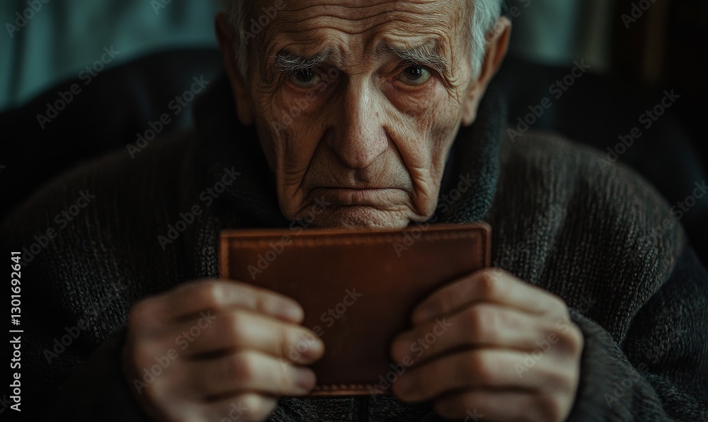 Elderly man holds a wallet. Looks worried. Elderly man holds a wallet. Looks worried.