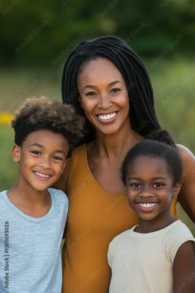 A mother and her two children are smiling for the camera. The mother is wearing a yellow shirt and the children are wearing blue shirts. Scene is happy and joyful A mother and her two children are smiling for the camera. The mother is wearing a yellow shirt and the children are wearing blue shirts. Scene is happy and joyful