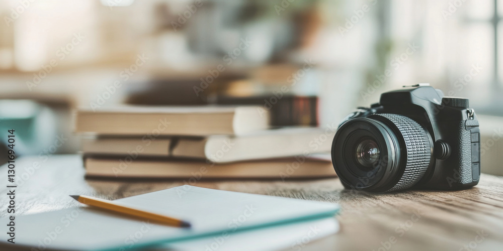 A vibrant Creative Workspace featuring a Camera, various Books, and a Notepad for ideas