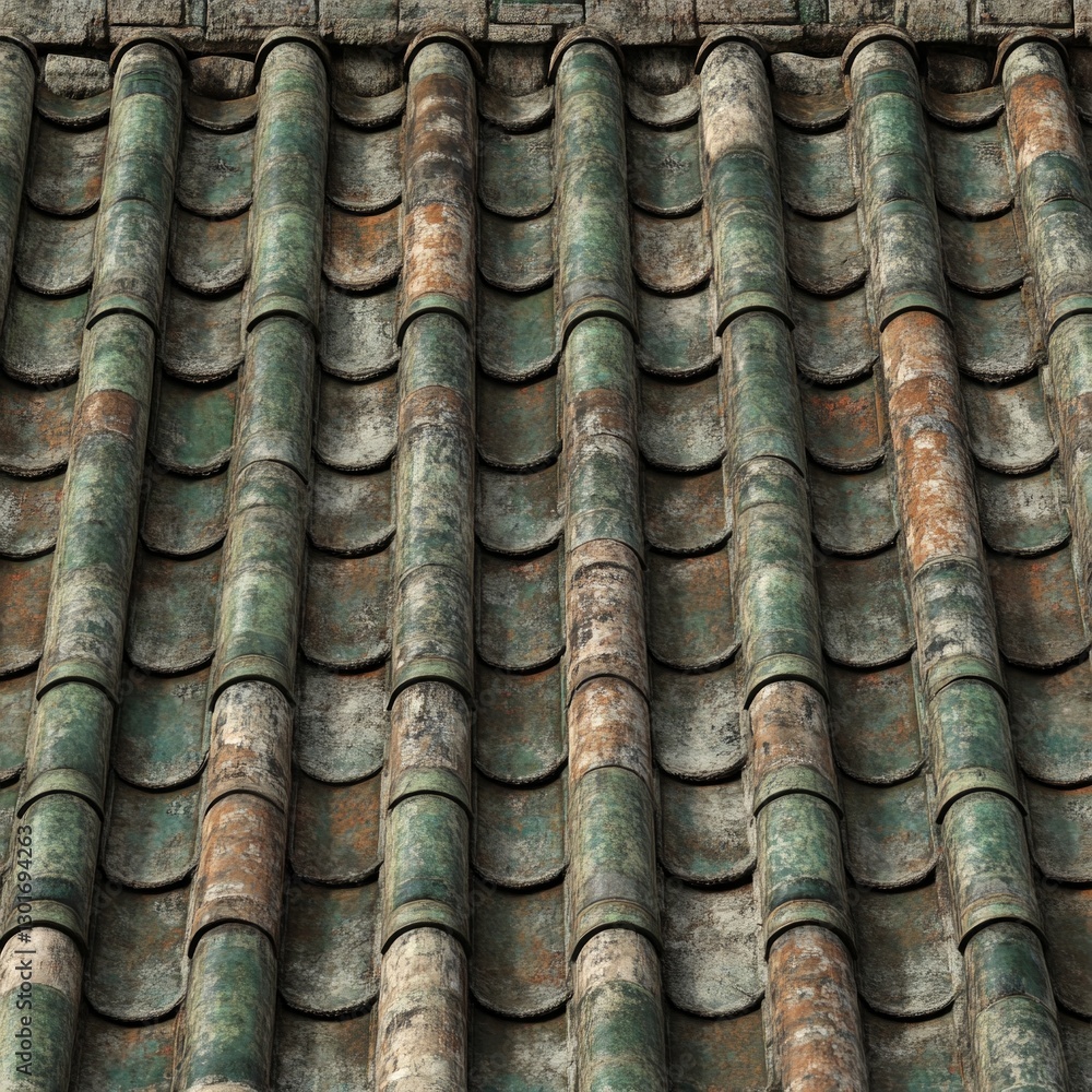 Aged green ceramic roof tiles with rustic texture and weathered patterns Aged green ceramic roof tiles with rustic texture and weathered patterns