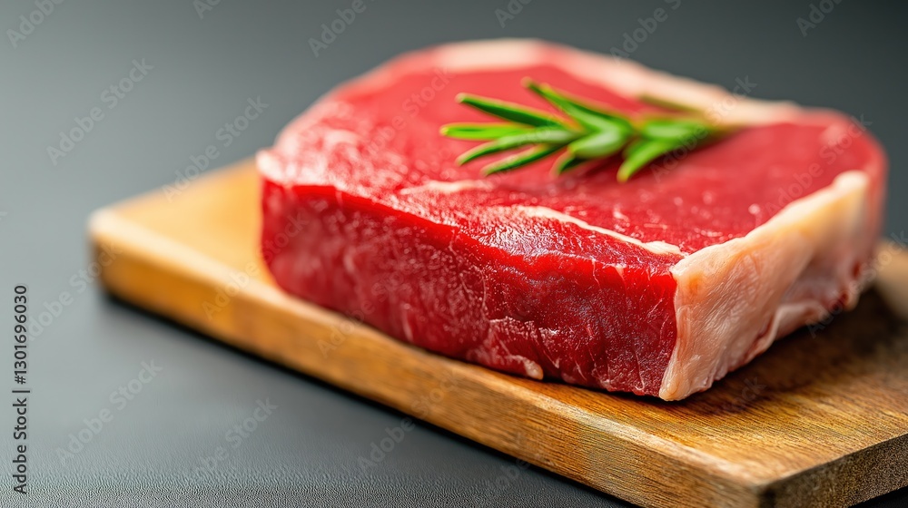 Fresh raw beef steak, with sprig of rosemary, resting on wood cutting board, with copy space Fresh raw beef steak, with sprig of rosemary, resting on wood cutting board, with copy space