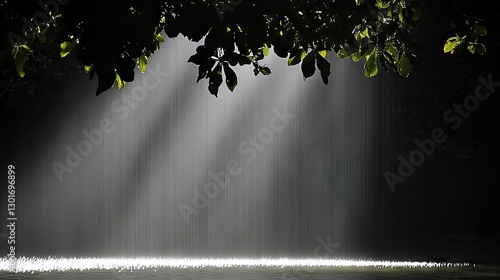 Sunlight streams through leaves on dark ground