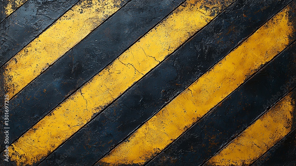 Fototapeta premium A close-up view of a weathered industrial surface featuring bold yellow and black diagonal stripes, suggesting caution