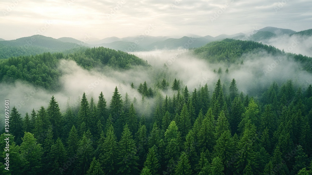 Obraz premium Misty mountain forest sunrise aerial view