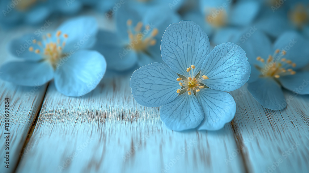 Delicate blue flowers scattered on rustic wooden background surface Delicate blue flowers scattered on rustic wooden background surface