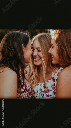 Three girls laughing outdoors, close-up, possible use for friendship, joy