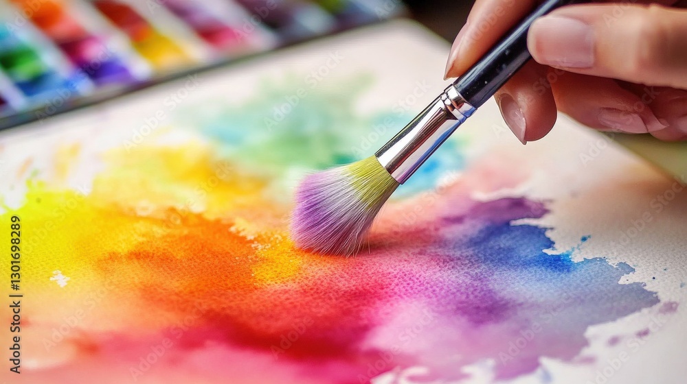 Fototapeta premium Woman Mindfully Dipping Fluffy Paintbrush into Watercolor Pigments
