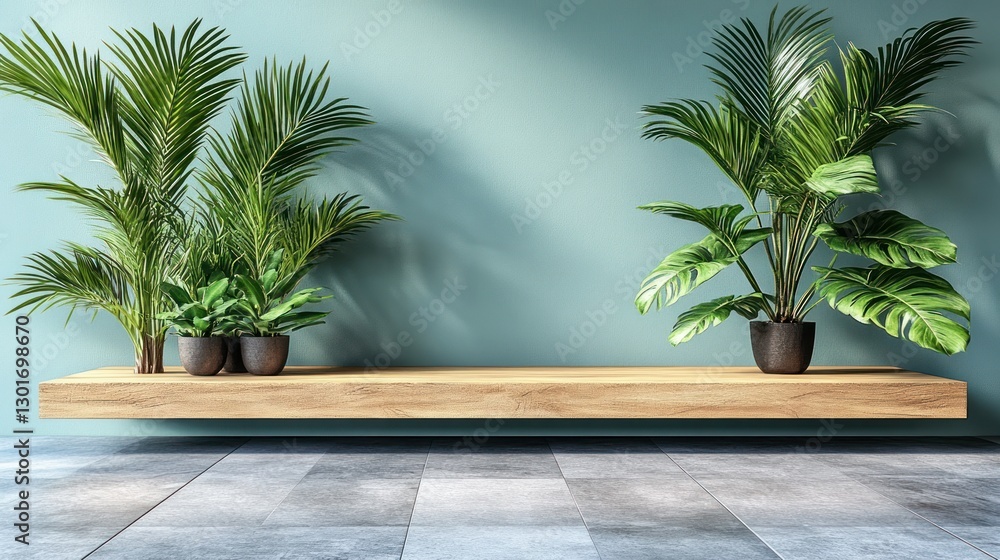 Fototapeta premium Floating wooden shelf with tropical plants against teal wall