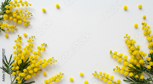 Fondo de tarjeta blanca enmarcado con flores de mimosa amarilla florecida para diseño de tarjetas de felicitación photo