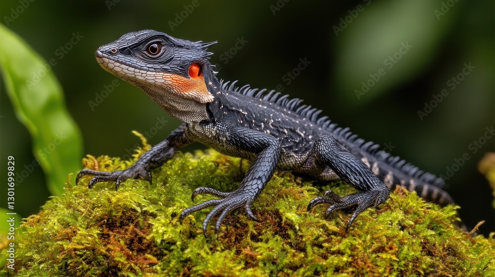 Obraz premium Forest Lizard on Moss, Alert, Rainforest Background