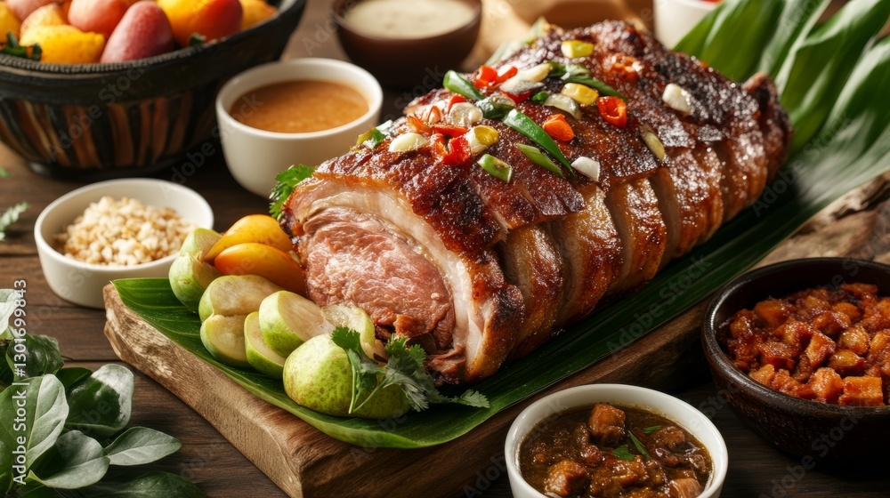 Whole roasted Filipino lechon served at a festive celebration with fresh herbs, fruits, and flavorful dipping sauces Whole roasted Filipino lechon served at a festive celebration with fresh herbs, fruits, and flavorful dipping sauces