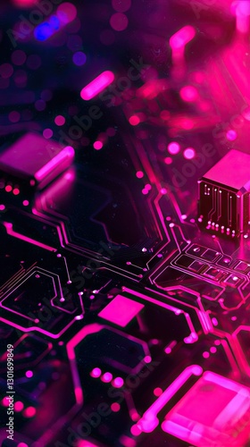 Close-up circuit board with vibrant pink lighting.  Possible use Technology stock photography