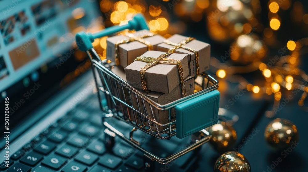 Fototapeta premium Miniature shopping cart with gifts on laptop keyboard, festive online shopping