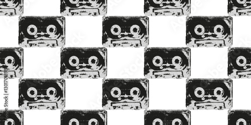 Cassette tape distressed monochrome seamless pattern. Trendy print with retro photocopy effect and grainy stippling dotted texture. Grunge modern vector illustration
