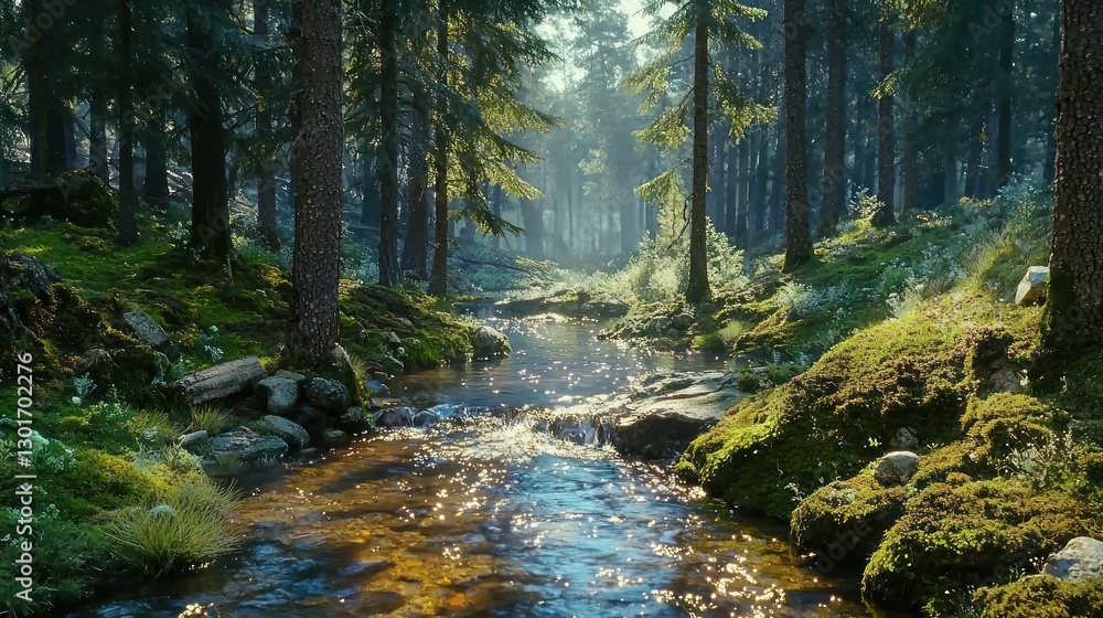 Fototapeta premium Sunlit stream flows through mossy forest. (4)
