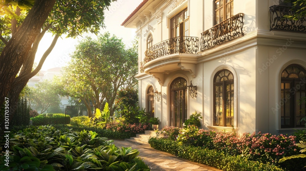 Fototapeta premium Sunlit mansion with lush garden path.