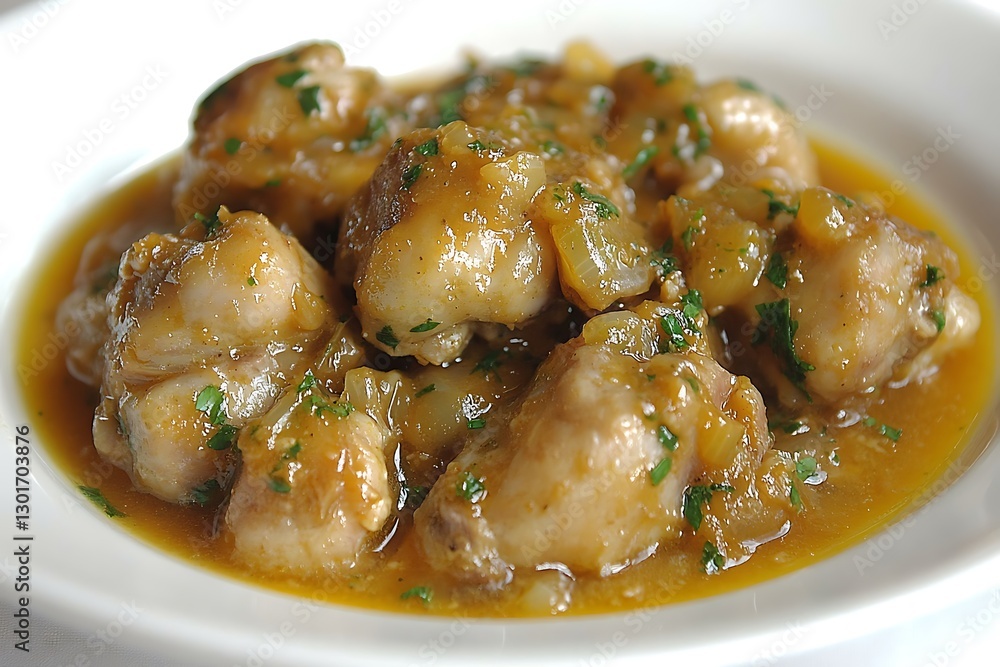 Delicious chicken in sauce served in a white ceramic bowl Delicious chicken in sauce served in a white ceramic bowl