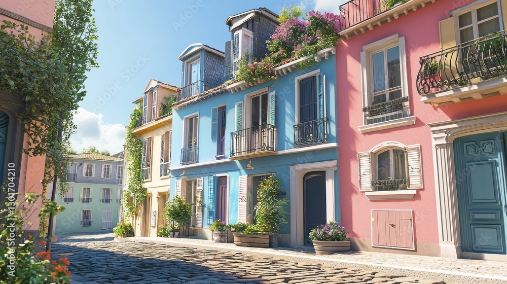 Naklejka premium Colorful buildings, flowers, cobblestone street, sunny day, charming town.
