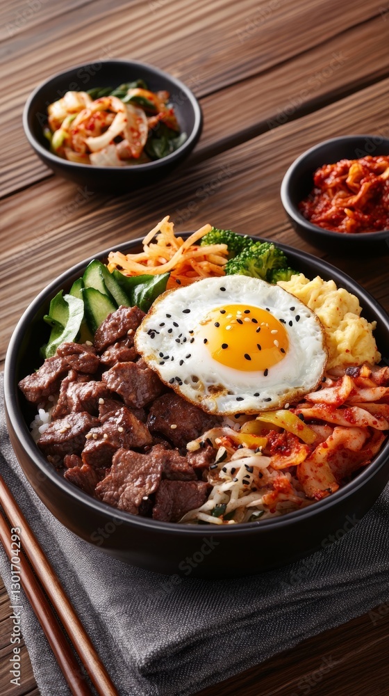 Enjoy a vibrant bowl of Korean bibimbap topped with beef, sautéed vegetables, a fried egg, gochujang sauce, and served with kimchi on a rustic table