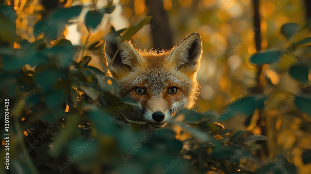 Foxy face peeks through golden autumnal foliage Foxy face peeks through golden autumnal foliage