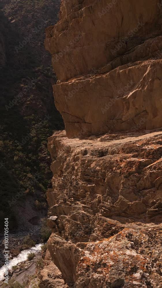 stepped cliff of sedimentary rock at sunny summer day with mountain river on the bottom of canyon stepped cliff of sedimentary rock at sunny summer day with mountain river on the bottom of canyon